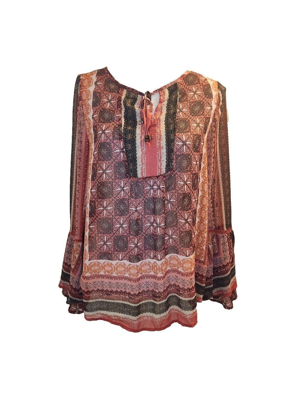 Knox Rose Ethnic Patterned Tunic in Coral Browns Gray Sz: S Oversized Flowy Boho